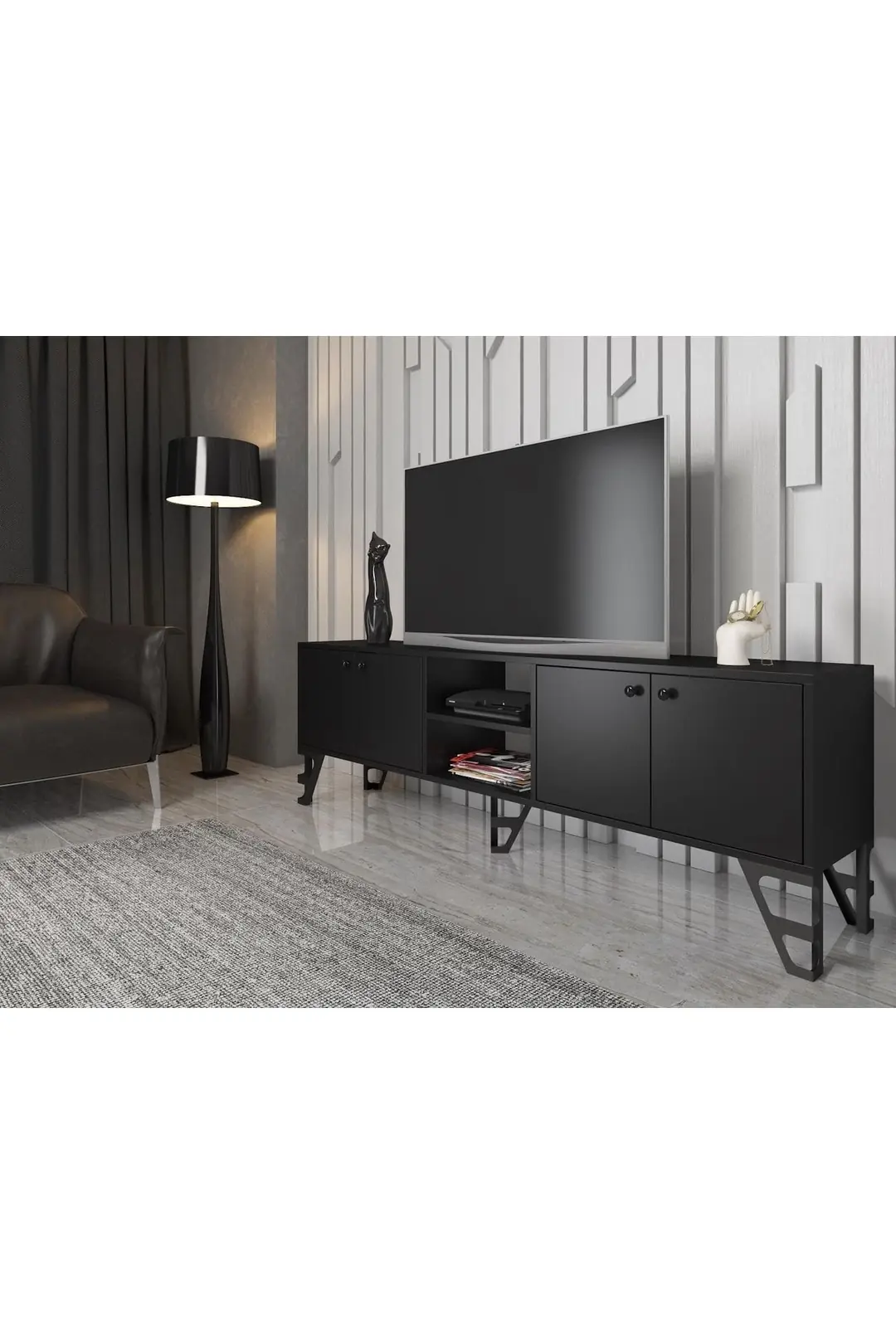 Sofia 180 Cm Metal Ayaklı Tv Ünitesi - Siyah / Siyah